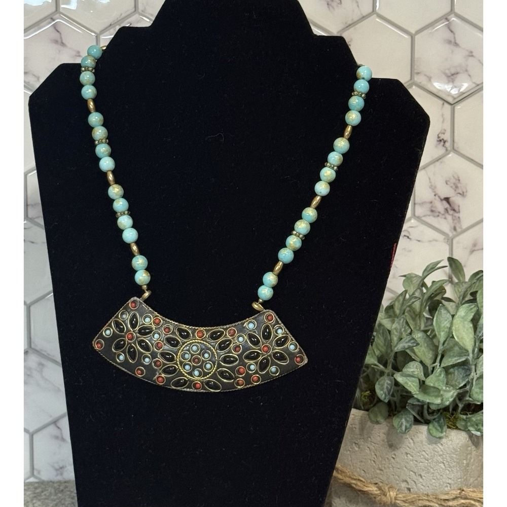 Micro mosaic India Necklace Bronze Color Turquoise Orange Toggle Clasp 18"